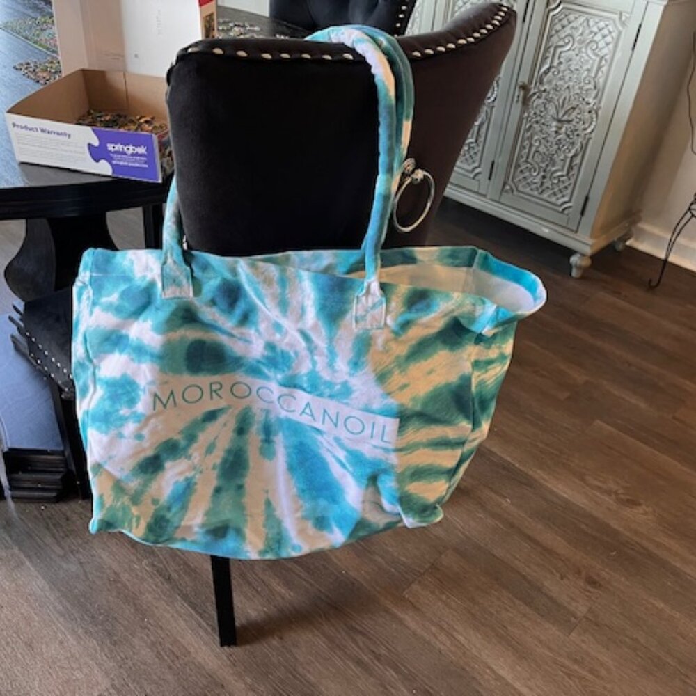 Moroccan Oil Tie Dye Extra Large Beach Canvas Tote Bag - Turquoise & White - New